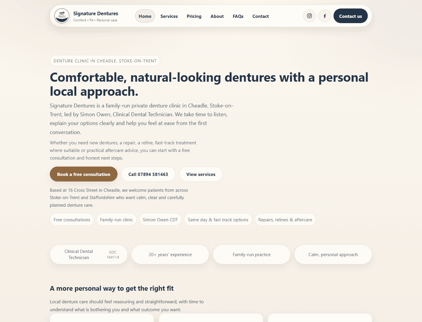 Signature Dentures website screenshot shown inside a browser frame.