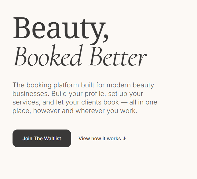 Elysium Bookings landing page preview with the headline Beauty, Booked Better.