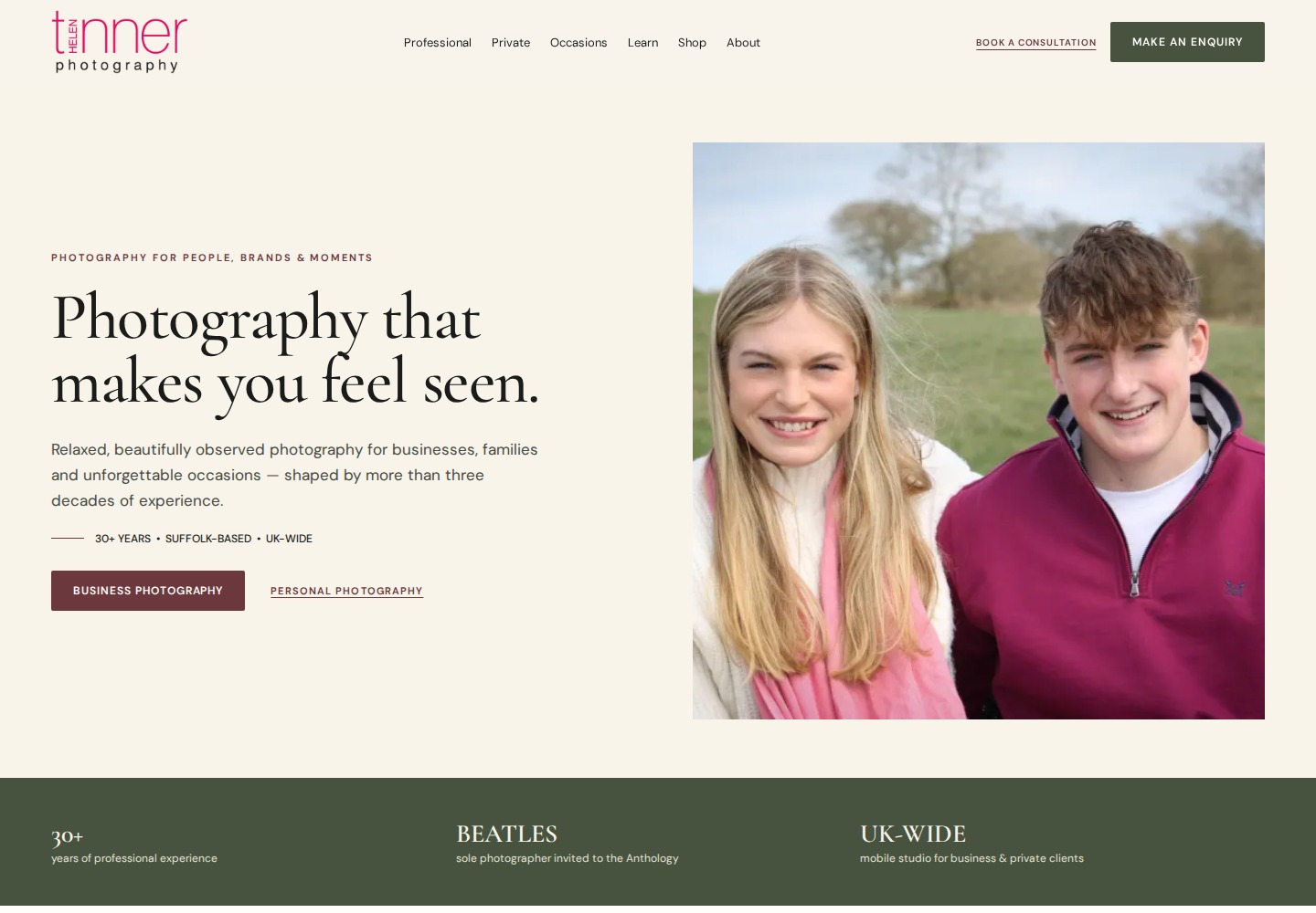 Helen Tinner Photography homepage presenting photography for people, brands and moments.