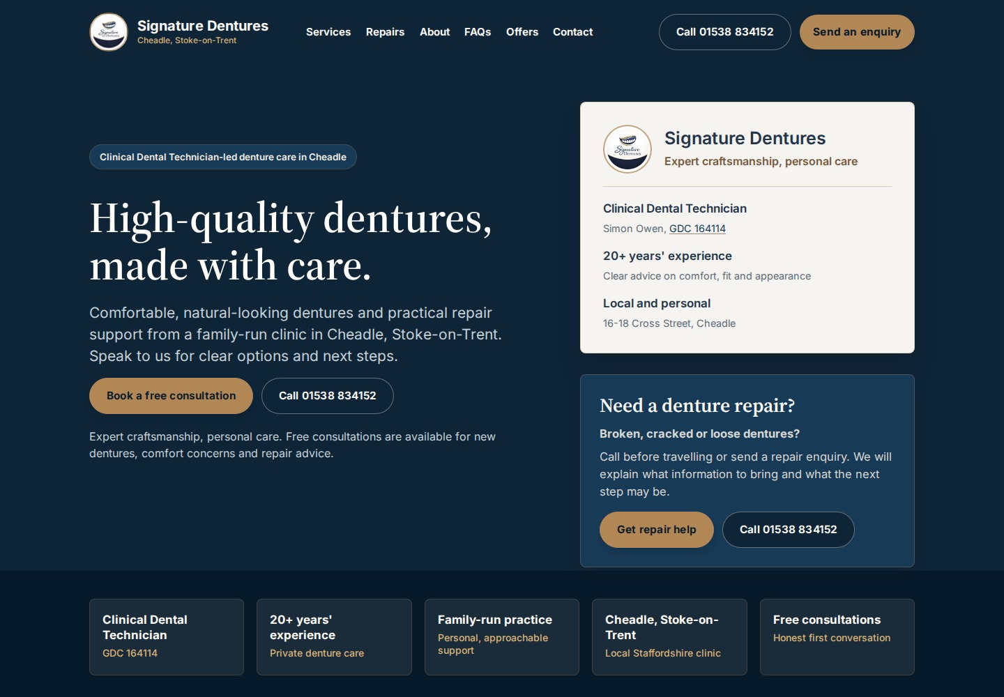 Signature Dentures homepage showing the denture clinic hero section.
