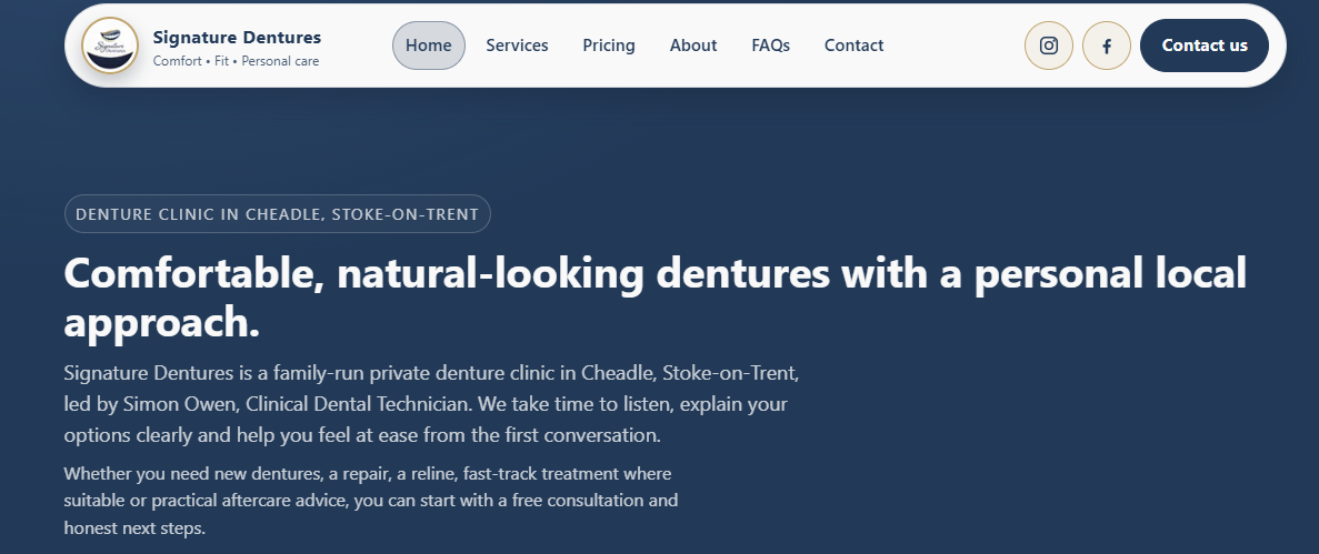Signature Dentures homepage showing the denture clinic hero section.